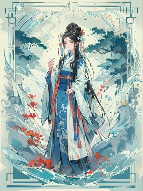 （（tarot design:1.5, ﻿rotationalsymmetry)）, (blue and white background:1.4),romance of the three kingdoms, (ancient chinese chara...