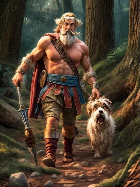 a cinematic photorealistic color digital painting of asterix the warrior of galia at the woods, walks home from rome, insanely d...