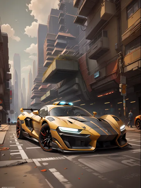 a futuristic sports car on the street of a futuristic city