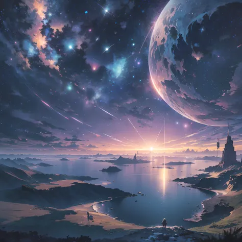 masutepiece, Best Quality,Ultra-detailed, fine detailed, 8K, Scenery, landscape, No humans, Wide Shot, Giant magic circle in the starry sky, Deep blue ocean, Cityscape, forest, Nature, Flying birds, (light Particle:1.4)