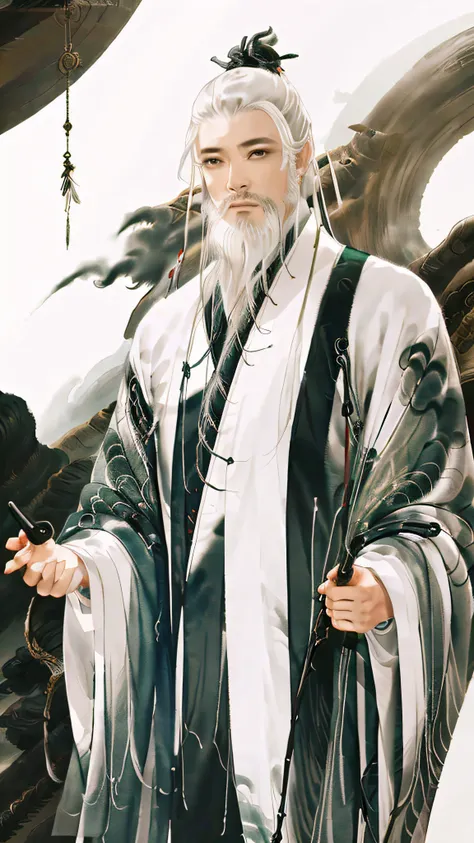 a chinese ink painting，the painting shows a male taoist priest wearing a taoist robe，white hair，long white beard，the saint holds...