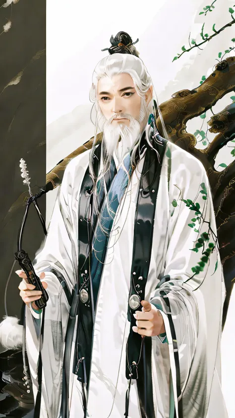 A Chinese ink painting,The painting shows a male Taoist priest wearing a Taoist robe,White hair,Long white beard,The saint holds a whisk of dust。On the table are Taoist objects such as Qi Men Bagua,Stand in front of a traditional Chinese Taoist temple,Wisp...