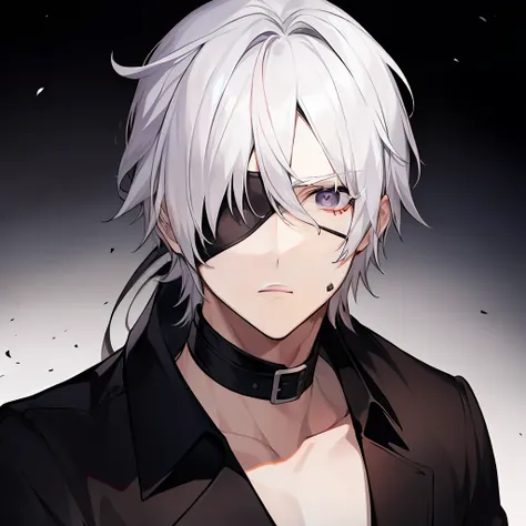 1man (adult), white hair, black shirt, black eyepatch