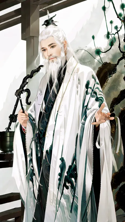 A Chinese ink painting,The painting shows a male Taoist priest wearing a Taoist robe,White hair,Long white beard,The saint holds a whisk of dust,human hand。On the table are Taoist objects such as Qi Men Bagua,Stand in front of a traditional Chinese Taoist ...