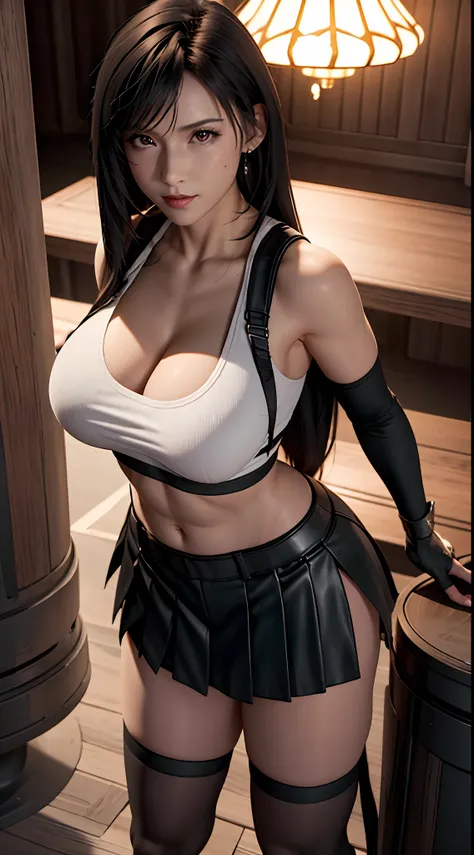 (tmasterpiece), (best qualtiy), 8K分辨率, ultra - detailed, photorealestic, photore, femele, Short black hair,Eight-pack abs,Expose abs,with a well-proportioned body,Toned arms,3DMM style,fully body photo,Body facing the camera,arms stretched wide,She has hug...