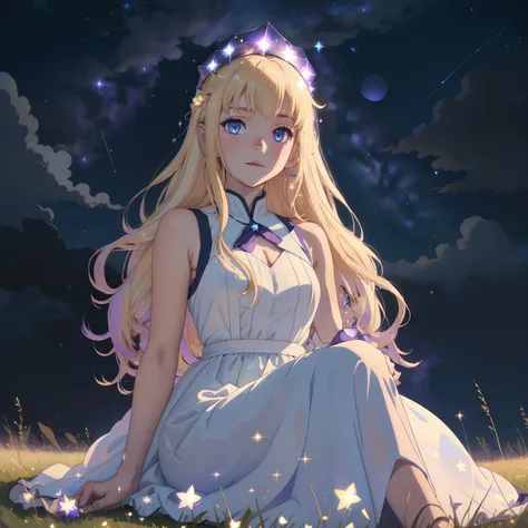 light blonde haired anime girl with pale bluish violet colored eyes wearing a sleeveless celestial translucent long dress with g...