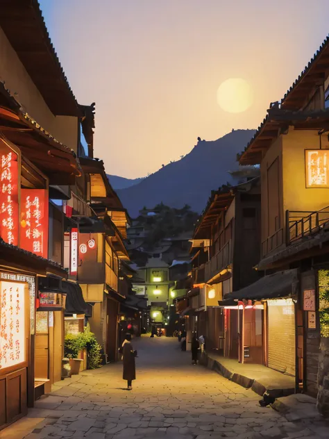 People walk the streets of the village at night, dreamy Chinese towns, like jiufen, At dusk, In the evening, As night fell, Summer evening, scenic view at night, Chinese village, evening at dusk, dusk setting, guangjian, early evening, At night, night shot...