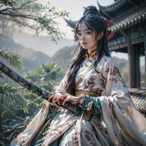 Long-range shots,sky cities,high detal,natural soft light,Surreal style,Chinese costume,The sword,Sexy beauty