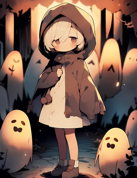 1girl, hood, blush, brown hair, brown eyes, hood up, no pupils, chibi, ghost, long sleeves, cloak, short hair,