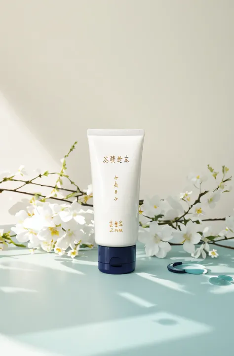 on the table was a tube of cream，there are flowers on it, product photo, official product image, product introduction photos, zu...