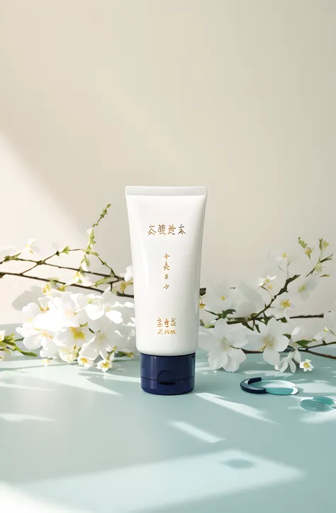 on the table was a tube of cream，there are flowers on it, product photo, official product image, product introduction photos, zu...