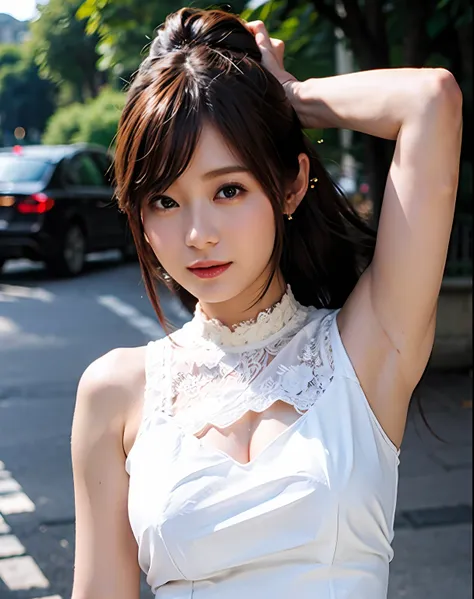 a woman posing on the street corner with white orange dress on, best quality, high res, 8k, 1girl, (huge breasts), day, bright, ...