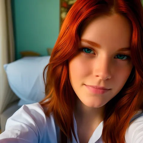 close-up of  a very beautiful american beauty 18 years old, redhead very short hair, white skin, being shy, taking a selfie