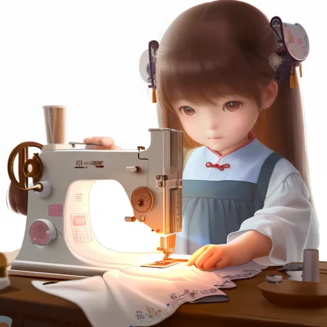 the image of a little girl sewing on a sewing machine, lovely digital painting, author：yu zheding, realistic cute girl painting,...