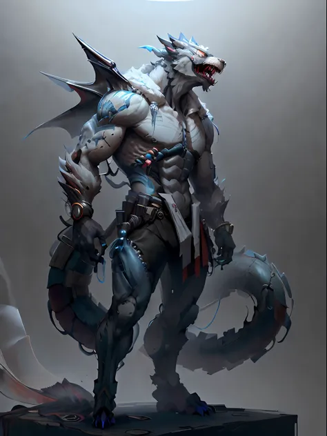 artificial intelligence dragon man，full body like，furry werewolves，a pair of dragon wings，all-black rubber shorts，whole body bod...