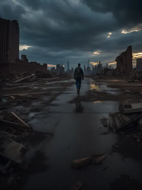 full shot, actor will smith walks alone through the ruins of new york facing the camera, dramatic light, post-apocalypse atmosph...