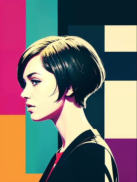 short hair girl watch anime，pop-art，typographic，vintage paper，trichotomy，trends on artstation，ultra hd solid color block there i...