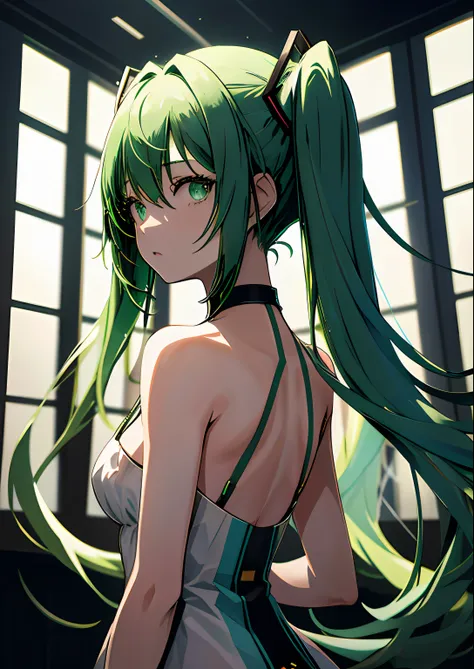 1girl in, upper body, light green hair, ,miku hatsune,posterior view,dark look