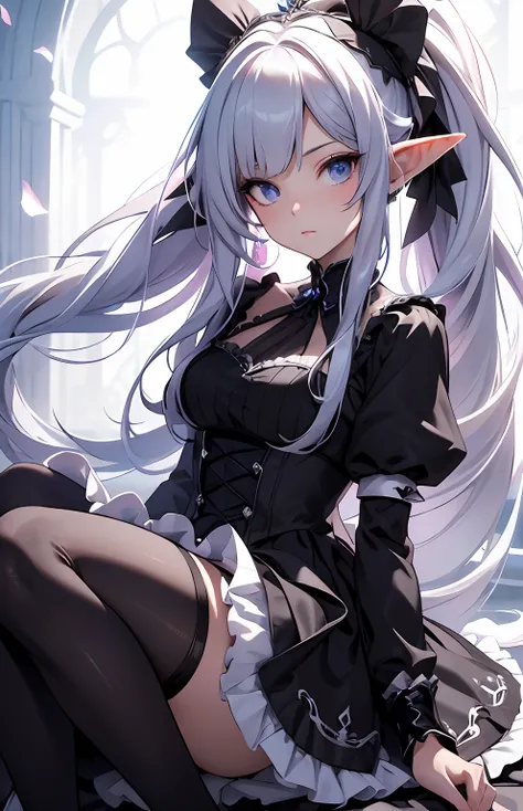 best qualityer,tmasterpiece,Ultimate resolution,downy,Extremely colorful,Colorful,Elven girl,full bodyesbian,Black and white double ponytail,Lolita long dress, Long legs with two white stockings,Muffin shoes,closeup of face