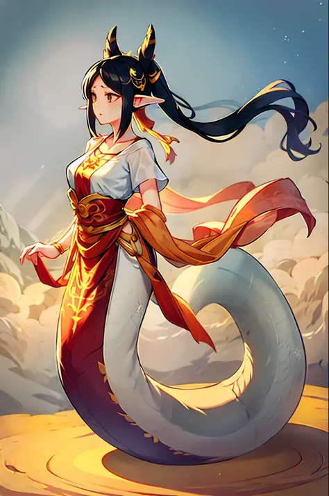 1girl, lamia, scutes, white  shirt, full bodyesbian, Original Character, volumettic light, best shadow, shallowdepthoffield, Stunning beautiful girl, petite, Delicate, beautiful and charming face，Nu wa，divino，ancient wind
