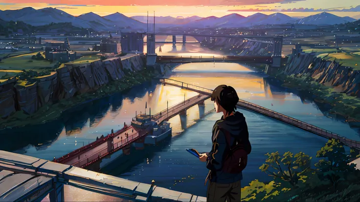 The background is a painting of a river with a bridge and a mountain, Detailed scenery —width 672, Makoto Shinkais style, Makoto Shinkai. —h 2160, studio glibly makoto shinkai, pondering. By Makoto Shinkai, greg rutkowski makoto shinkai, Shinkai sincerely