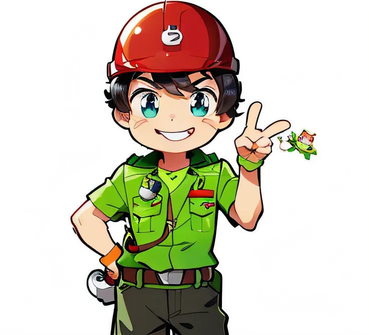 a cartoon boy wearing a red helmet and a green shirt, scout boy, cute cartoon character, cartoonish style, an animated character...