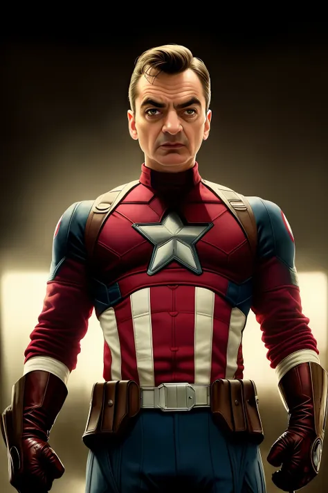 tarantino style,mr bean as captain america 8k, high definition, detailed face, detailed face, detailed eyes, detailed suit, in s...