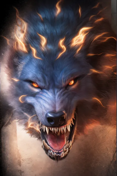symetric werewolf head, with flames around it, well defined muscular head and torso, HD, detailed, Wolf god, hyper realistic, tension, cold, highly detailed, sharp focus, professional, 8k UHD, cinematic, dark, violent, outdoor, River, battle, chase, dramat...