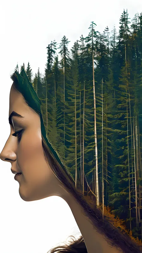 dblxp close-up profile of a woman made out of a forest, white background