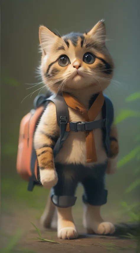 a cute little cat，wear clothes，carrying a rucksack，walking with suitcase in tow