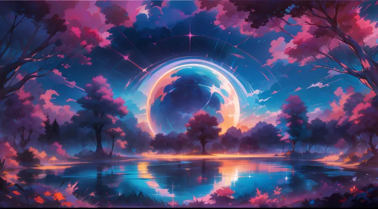 A surreal masterpiece,It presents beautiful and spectacular views in cool colors。Lakes and trees form the background,Accompanied by a gorgeous moon and fantastic sky reflections。The beautiful sky blends in with the color of the lake,Like a blue flame。This ...