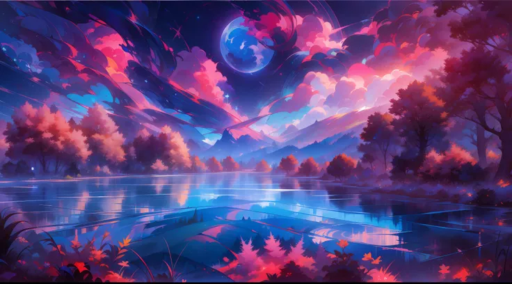 A surreal masterpiece,It presents beautiful and spectacular views in cool colors。Lakes and trees form the background,Accompanied by a gorgeous moon and fantastic sky reflections。The beautiful sky blends in with the color of the lake,Like a blue flame。This ...