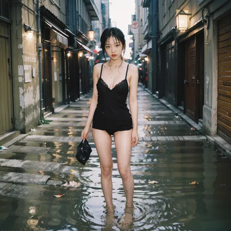 90s flash photo，1girll, solo,at night,a woman standing in a dim alley flirting，(full bodyesbian:1.5),wet,transparent,(sensual li...