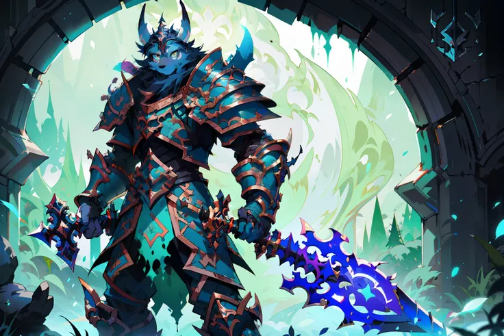 A close-up of a furry man in armor holding a sword, deathknight, deathknight, world of warcraft splash art, blizzard warcraft artwork, from world of warcraft, warcraft character, world of warcraft art style, grimdark paladin, World of Warcraft art, world o...