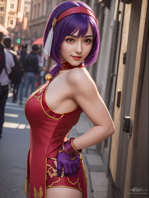 (masterpiece, best quality:1.4), (full body), (from behind), 1girl, solo, purple hair, stunning girlfriend, (standing:1.1), 1girl, solo, athenams, hairband, chinese clothes, red dress, gloves, hair ornament , bare shoulders, heart shaped face, elegant face...