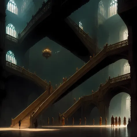 there are two people standing in a large building with a staircase, arte conceitual atmosfera deslumbrante, dramatic concept art...