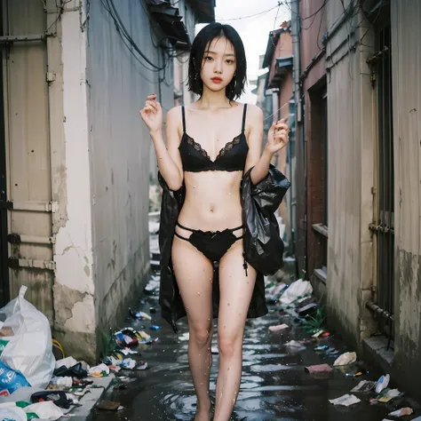 90s flash photo，1girll, solo,at night,a woman standing in a dim alley flirting，(full bodyesbian:1.5),wet,transparent,(sensual li...