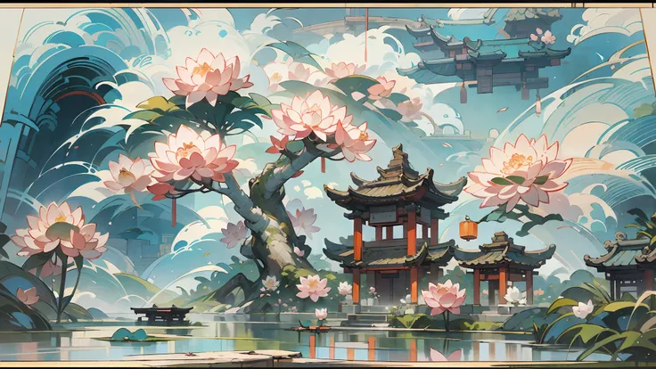 （acrycle painting:1.4），antique game scene design，big trees，florals，lotus architecture，floating table，a blue sky，white cloud，chin...