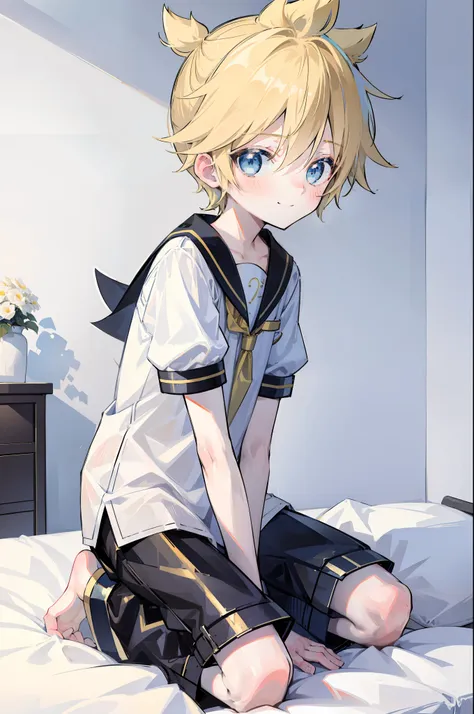 one boy, len_kagamine, blue eyes, pure, innocent, blush, sailor uniform, black short pants, on bed, (kneeling position), cowlick...