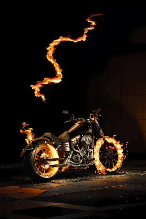 an epic action movie，ghost rider with a flaming skull，stud-encrusted leather jacket，chain，sit on the（（motorcycle with glowing or...