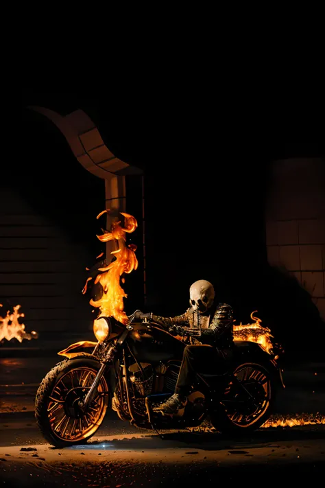 an epic action movie，ghost rider with a flaming skull，stud-encrusted leather jacket，chain，sit on the（（motorcycle with glowing or...