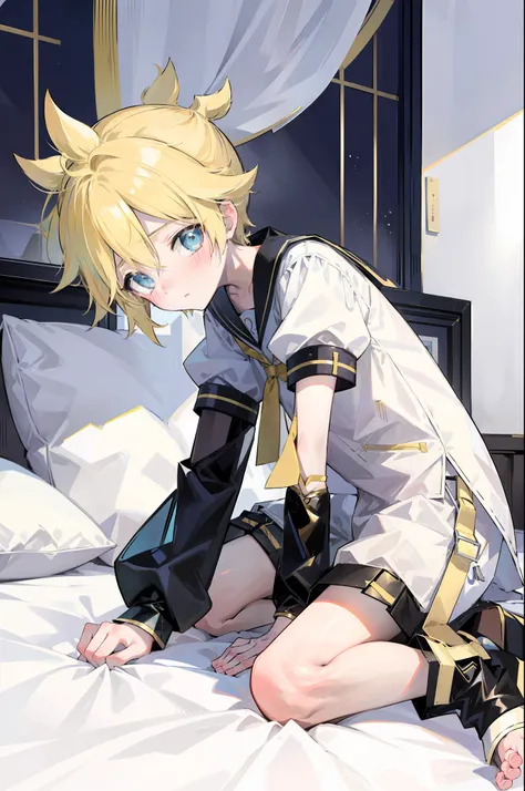 one boy, Len_Kagamine, pure, innocent, blush, sailor uniform, black short pants, on bed, (kneeling position), cowlick hair, cool, slender, handsome, character focus