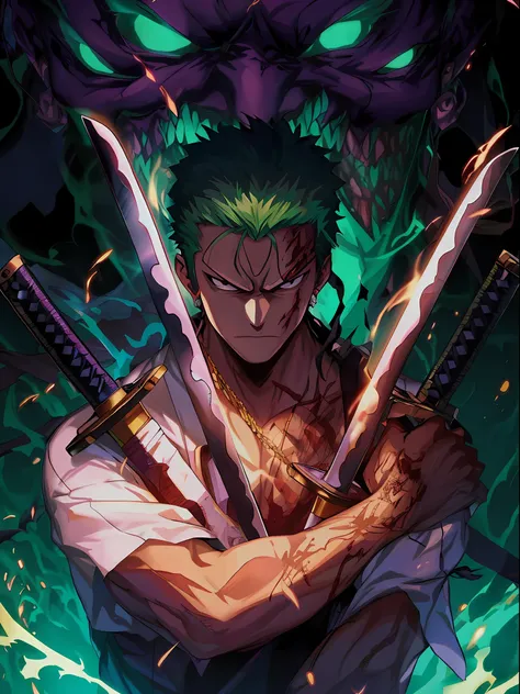 anime character with two swords in front of a demon, roronoa zoro, badass anime 8 k, anime epic artwork, 4 k manga wallpaper, an...