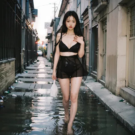 90s flash photo，1girll, solo,at night,a woman standing in a dim alley flirting，(full bodyesbian:1.5),wet,transparent,(sensual li...