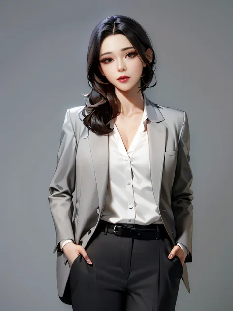 arad woman in gray suit and white shirt poses for a photo, korean woman, korean women's fashion model, female actress from korea...