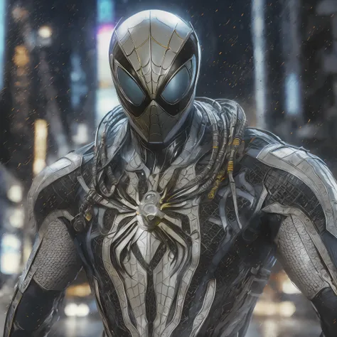 8K quality，Hyper-detail dressed in cybernetics and intricate armor as Spider-Man[Cyborg] 3D rendering of，Equipped with armor plates、hdr、8k、subsurfacescattering、Specular Light、A high resolution、rendering by octane、Ray traching，Black suit， spider in the cent...