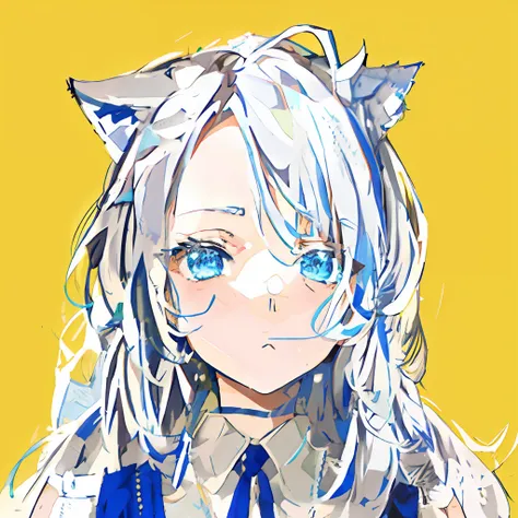 anime girl with long light gray hair and blue eyes, wolf ears, vintage dress in blue, green eyes, lori, suspicious face, !!mediu...