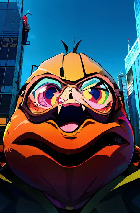 a cartoon character of a man in a hoodie and goggles, safebooru anime image, blob anime, wario as the armored titan, gelbooru an...