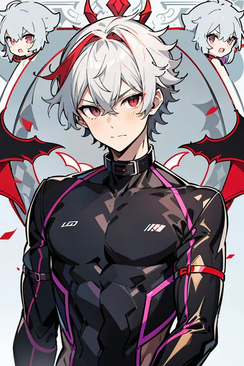 1boy，libido boy，red-black eyes，white hair，unholy，black reotard，purple leotard，musculature，sneering，the background is gray-black，...