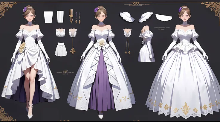 (Masterpiece), Best quality, (CharacterDesignSheet,Same role,frontage,Lateral face,on back), wears a white dress,Purple lace,(White lace gloves,Purple lace),There are flowers on it, concept-art,Lace gloves,Off-the-shoulder attire